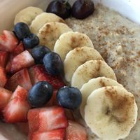 Morning oats with fruit and plant milk  at Baby Birds in Las Vegas