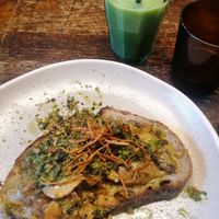Mushrooms on toast and matcha latte at Tamper Sellers Wheel in Sheffield