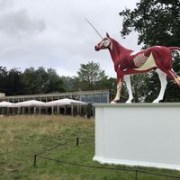 Restaurant behind a Damian Hirst Sculpture  at The Weston Restaurant in Wakefield