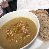 Curried parsnip and split pea soup with madras oil  at The Weston Restaurant in Wakefield