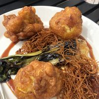 Cauliflower and apricot pakoras with chilli and caramel dressing   at The Weston Restaurant in Wakefield