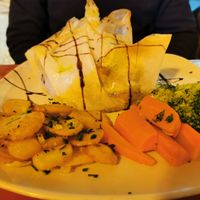 Veggie "brick" - layered veg and mozzarella parcel at Paula's Bistro in Funchal