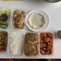 Crispy “duck” (v) pancakes ... salt and chilli tofu... plain chow mien and boiled rice... sweet and sour “chicken” (v) at Marlings in Bristol