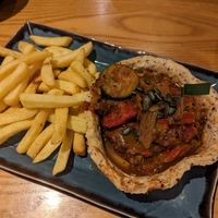 Mediterranean "tart" with chips at Harvester in Dudley