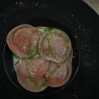 Beetroot ravioli with coconut milkk  at Paneri in Rhodes