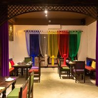 Five-coloured curtains of the Buddha represents peace, mercy, and wisdom at Shamballa Vegetarian Restaurant & Tea House in Ho Chi Minh City