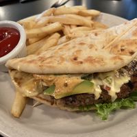 Black bean burger with fries at The Dish Cafe in Daniels