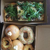 Focaccia funghi, crema bombo, pastel de nata and donut at Life's a Peach in Utrecht