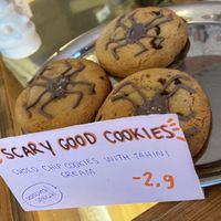 Halloween cookies 2025 (choco-chip with tahini drizzle). Tasty! at Life's a Peach in Utrecht