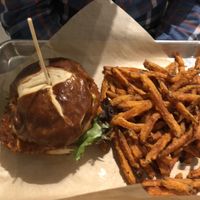 Burger and sweet potato fries  at The Modern Vegan in San Diego