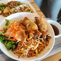 BBQ porkless vermicelli & egg rolls at Saigon Vegan in Garden Grove