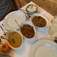 The line up- yellow dal, mushroom fish, and Chana Masala  at RaaSa in Elmsford