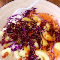 Brown rice, tofu, cabbage, carrot, cucumber, and teriyaki sauce at Bibille in Tarrytown