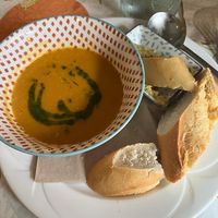 Soup of the day with house hummus and bread  at Thyme Out in Dingle