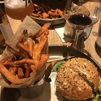 Vegan burger and sweet potato fries  at La Cabane  in Annecy