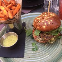 Burger and sweet potato fries  at La Cabane  in Annecy