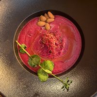 Beetroot and strawberry gazpacho soup at La Cabane  in Annecy