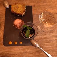 Vegan panna cotta, fruit sorbet, and carrot cake at La Cabane  in Annecy