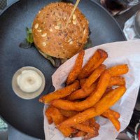 vegan burger with sweet potato fries at La Cabane  in Annecy