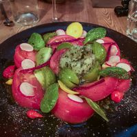 tomato "carpaccio" with basil sorbet at La Cabane  in Annecy