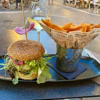 Vegan burger with sweetpotato fries at La Cabane  in Annecy