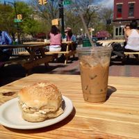 bagel w tofu cream cheese ~ outdoor seating at s'Nice in Brooklyn