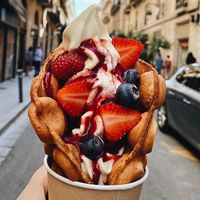 Vegan Bubble waffle with a rice vanilla ice-cream. at The Cream in Barcelona