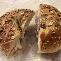 Everything bagel with vegetable tofu spread  at Bagel Pub in Brooklyn
