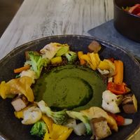 El Junco Curry with coconut rice and smoked tofu at MUYU in Puerto Baquerizo Moreno