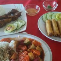 bbq  rice, spring rolls, sweet sour egg plant at Namaskar Vegetarian Restaurant in Puerto Princesa