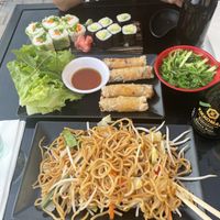 Yakitori vegetable noodles, Maki, Spring Roll, Wakame Cucumber salad   at Top Maki in Lisle-sur-la-sorgue