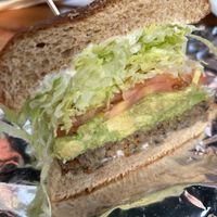 Mushroom patty vegetarian burger  at John's Garden Cafe in Malibu