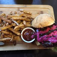The Hollis burger with beet aioli delicious! Their fries are to die for 🤩 at The Local Gastro Pub in Barrie