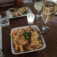 Dumplings ans ANML fries at Bowhead Pub in Montreal