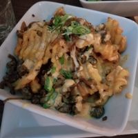 Anml fries: waffle fries, cheese sauce, mock beef, onions at Bowhead Pub in Montreal
