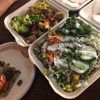 Vegan gf pizza, salad bar and spicy tofu  at Down to Earth - Store and Deli in Honolulu