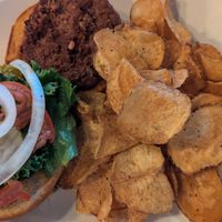 Beyond Burger with chips at Big Hart Brewing Company in Hart