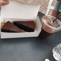 Vegan chocolate cake and chocolate oat milkshake at Chokolá in Taos