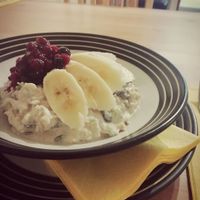 Bircher muesli with Banana and a Berry compote  at Brunch Café in Tunbridge Wells