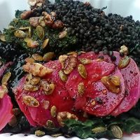 Bowl special ordered vegan with request for no cheese. Vegan cheese option was also available. Pickled beets appear toward front. October 2020. at Village Coffee and Goods in Kingston