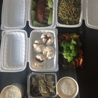 L to R, top to bottom: crispy seitan with plum sauce, Xiang chuen pine nut fried rice, BBQ buns, seitan platter, steamed rice, steamed dumplings  at Zen Gardens in Mississauga