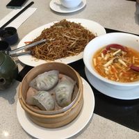HK style fried black soy sauce noodles, nicely done sour and spicy soup, and handmade thin-skin dumplings. at Zen Gardens in Mississauga