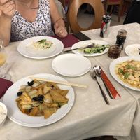Tofu and vegetables, fried rice, pak choy, spicy tofu (all made vegan by request). $59 euro with rice and drinks   at Dragone D'Oriente in Venice