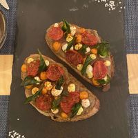 Bruschetta aubergine 3 sauces maison et tomates séchées at Cavo Bistrot in Cagliari