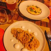 Saffron risotto and Jalapeño Spaghetti  at Cavo Bistrot in Cagliari