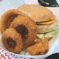 Onion rings and “chicken” burger  at Universal Studios - Mel's Drive-In in Orlando