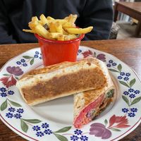 Seitan kebap wrap and garlic oil fries at Cosmic Kitchen in Plymouth