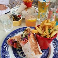 Jackfruit gyros + garlic and parsley fries at Cosmic Kitchen in Plymouth