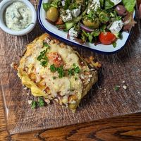 Moussaka and salad at Cosmic Kitchen in Plymouth