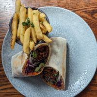 Seitan wraps with garlicky fries at Cosmic Kitchen in Plymouth